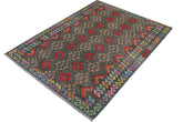 Flat Weave Kilim Antique Navaho Vintage handmade Geometric Kilim Red Green Hand-Woven Rectangle 100% Wool Area Rug 6x8